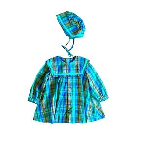 70's blue green plaid dress with bonnet toddler